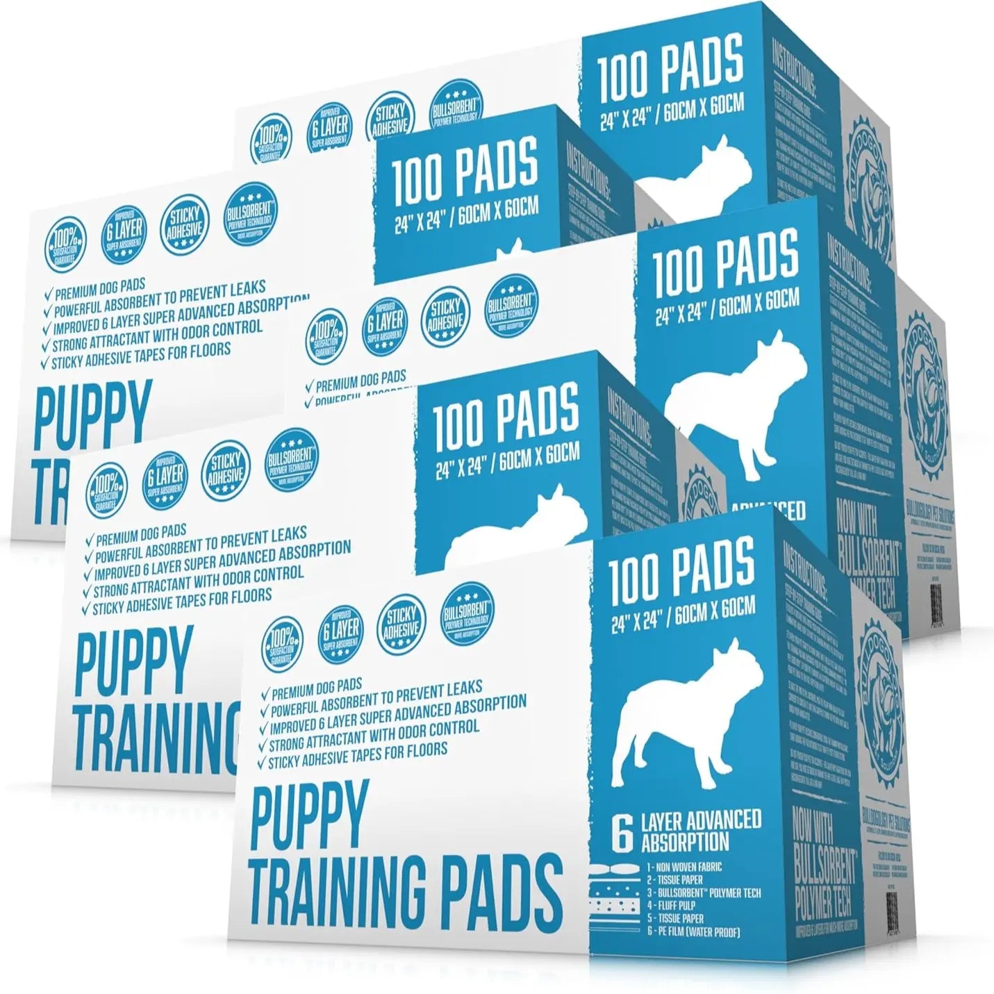 Bulldogology Premium Puppy Pee Pads with Adhesive Sticky Tape (24X24) Large Dog Training Wee Pads with 6 Layer Extra Quick Dry Bullsorbent Polymer Tech (100-Count, White)