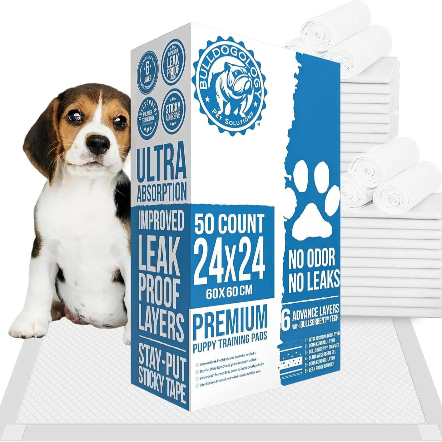 Bulldogology Premium Puppy Pee Pads with Adhesive Sticky Tape (24X24) Large Dog Training Wee Pads with 6 Layer Extra Quick Dry Bullsorbent Polymer Tech (100-Count, White)