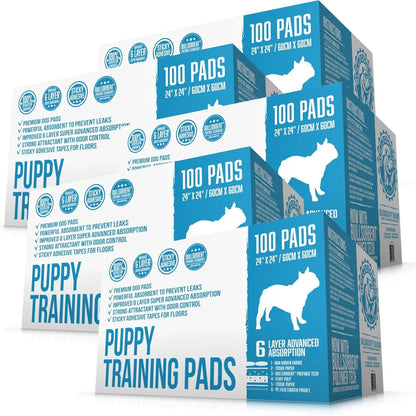 Bulldogology Premium Puppy Pee Pads with Adhesive Sticky Tape (24X24) Large Dog Training Wee Pads with 6 Layer Extra Quick Dry Bullsorbent Polymer Tech (100-Count, White)