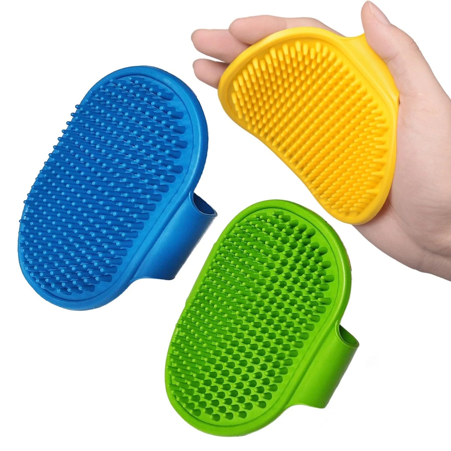 3-Pack Adjustable Width Pet Bath Brushes for Dogs and Cats - Soft Grooming Tools for Showering and Washing (Blue, Green, Yellow)