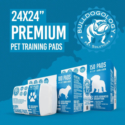 Bulldogology Premium Puppy Pee Pads with Adhesive Sticky Tape (24X24) Large Dog Training Wee Pads with 6 Layer Extra Quick Dry Bullsorbent Polymer Tech (100-Count, White)