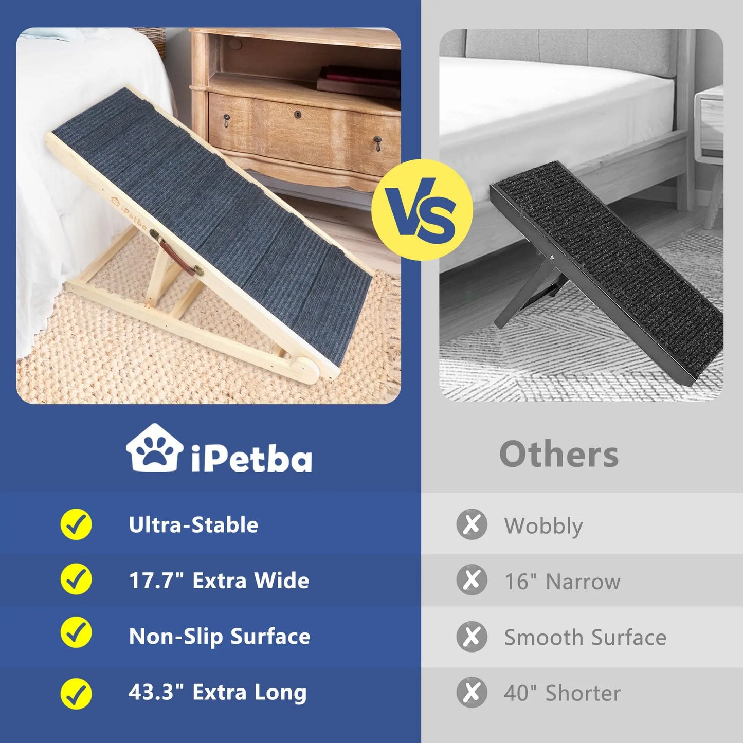 Ipetba Wooden Dog Ramps for Bed Non-Slip Adjustable Pet Ramp for Couch for Large Medium Small Doggie 45.2" Long 5 Levels H15.7 to 23.6" with 5 Paw Traction Mat Cat Ramps for Car Sofa (Up to 200 Lbs)