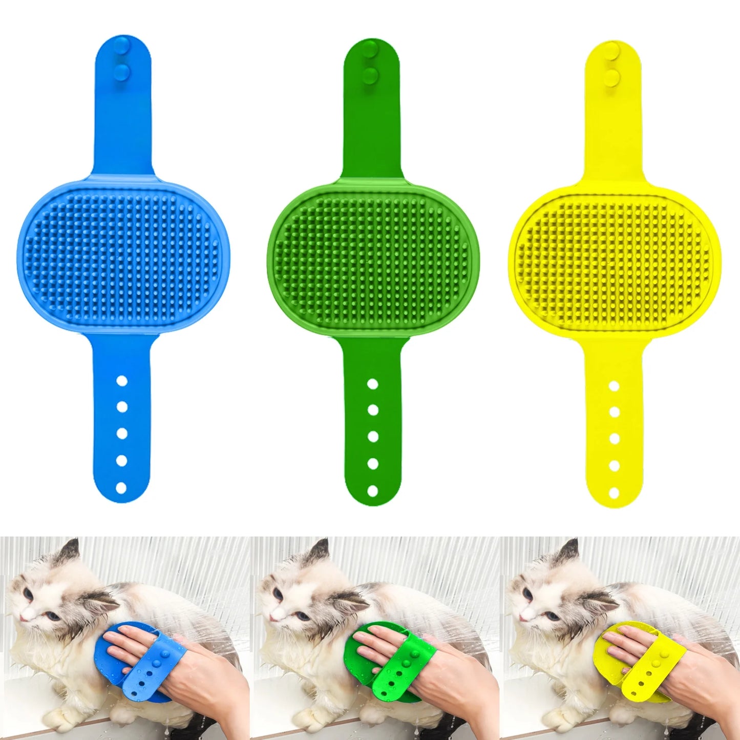 3-Pack Adjustable Width Pet Bath Brushes for Dogs and Cats - Soft Grooming Tools for Showering and Washing (Blue, Green, Yellow)