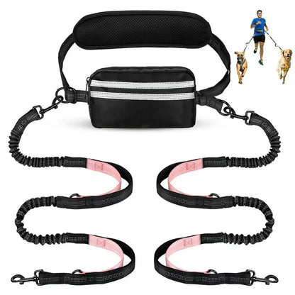 Professional Hands-Free Dog Leash with Pouch, Dual Leash for Two Dogs, Retractable Bungee Design with Dual Padded Handles, Ideal for Dog Walking and Running, Essential Dog Walking Accessories