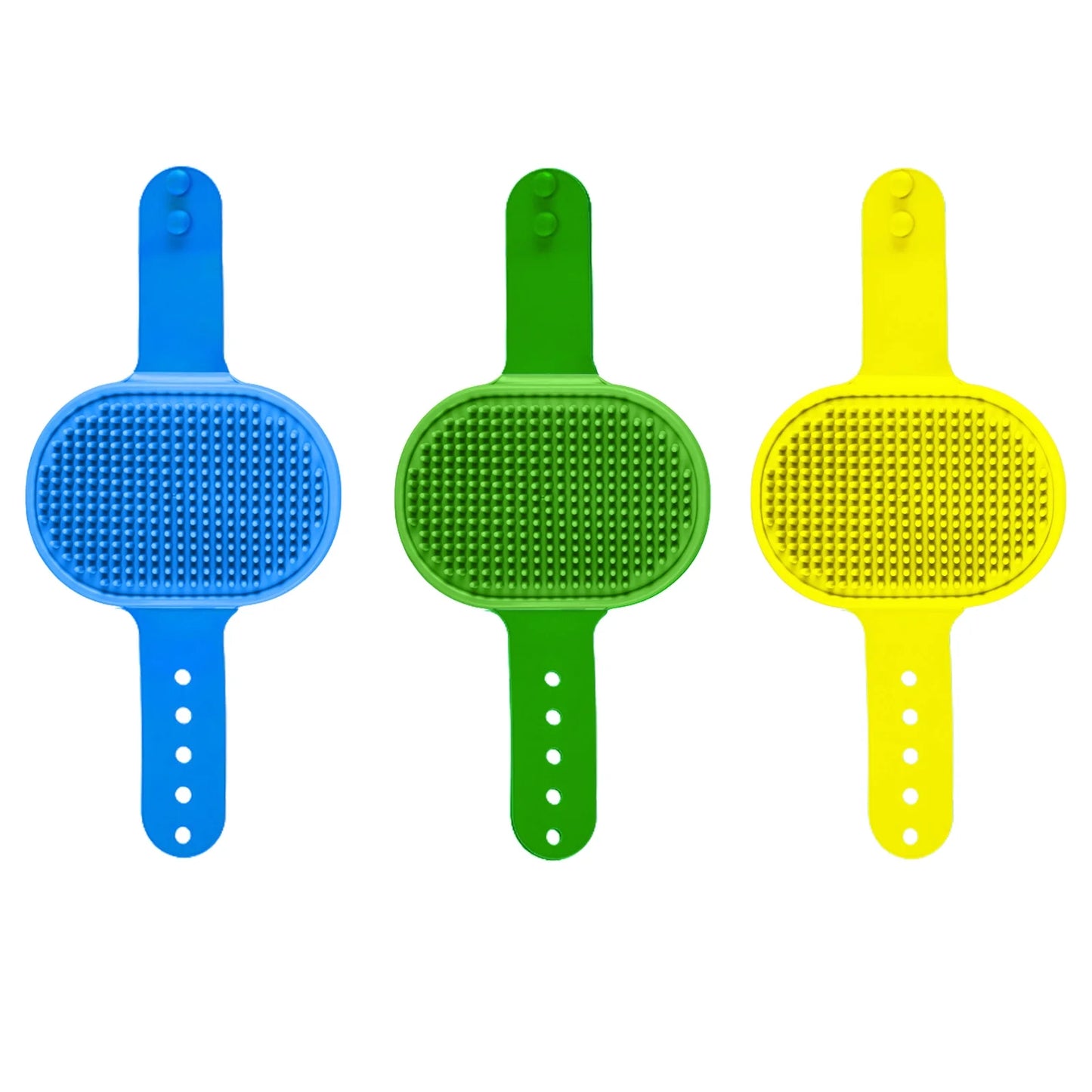 3-Pack Adjustable Width Pet Bath Brushes for Dogs and Cats - Soft Grooming Tools for Showering and Washing (Blue, Green, Yellow)