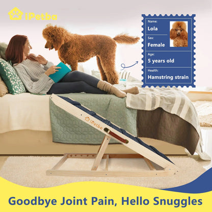 Ipetba Wooden Dog Ramps for Bed Non-Slip Adjustable Pet Ramp for Couch for Large Medium Small Doggie 45.2" Long 5 Levels H15.7 to 23.6" with 5 Paw Traction Mat Cat Ramps for Car Sofa (Up to 200 Lbs)
