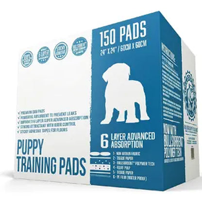 Bulldogology Premium Puppy Pee Pads with Adhesive Sticky Tape (24X24) Large Dog Training Wee Pads with 6 Layer Extra Quick Dry Bullsorbent Polymer Tech (100-Count, White)