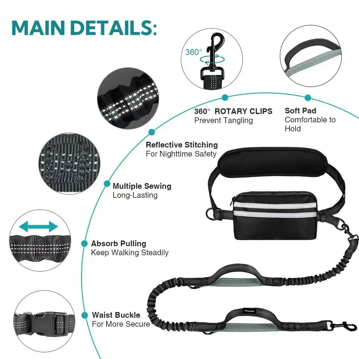 Professional Hands-Free Dog Leash with Pouch, Dual Leash for Two Dogs, Retractable Bungee Design with Dual Padded Handles, Ideal for Dog Walking and Running, Essential Dog Walking Accessories