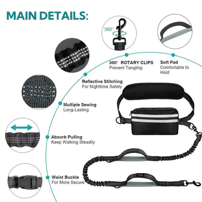 Professional Hands-Free Dog Leash with Pouch, Dual Leash for Two Dogs, Retractable Bungee Design with Dual Padded Handles, Ideal for Dog Walking and Running, Essential Dog Walking Accessories