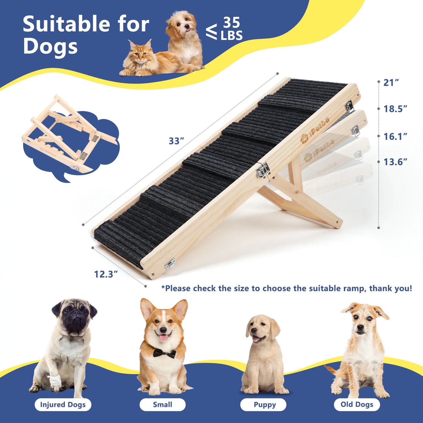 Ipetba Wooden Dog Ramps for Bed Non-Slip Adjustable Pet Ramp for Couch for Large Medium Small Doggie 45.2" Long 5 Levels H15.7 to 23.6" with 5 Paw Traction Mat Cat Ramps for Car Sofa (Up to 200 Lbs)