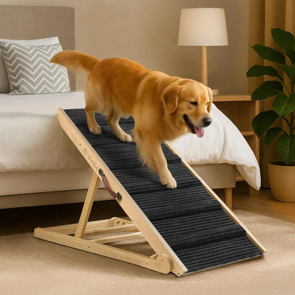 Ipetba Wooden Dog Ramps for Bed Non-Slip Adjustable Pet Ramp for Couch for Large Medium Small Doggie 45.2" Long 5 Levels H15.7 to 23.6" with 5 Paw Traction Mat Cat Ramps for Car Sofa (Up to 200 Lbs)