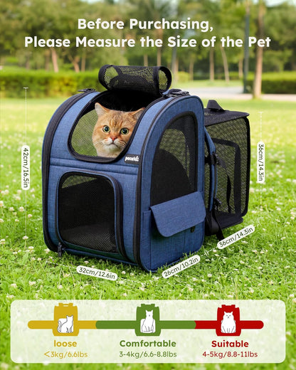 Cat Backpack Carrier Expandable, Pet Backpack for Cats & Small Dogs up to 11Lbs, with 4-Side Breathable Mesh, Multi-Entry & Lockable Zippers for Travel, Hiking, Camping - Hands Free, Blue