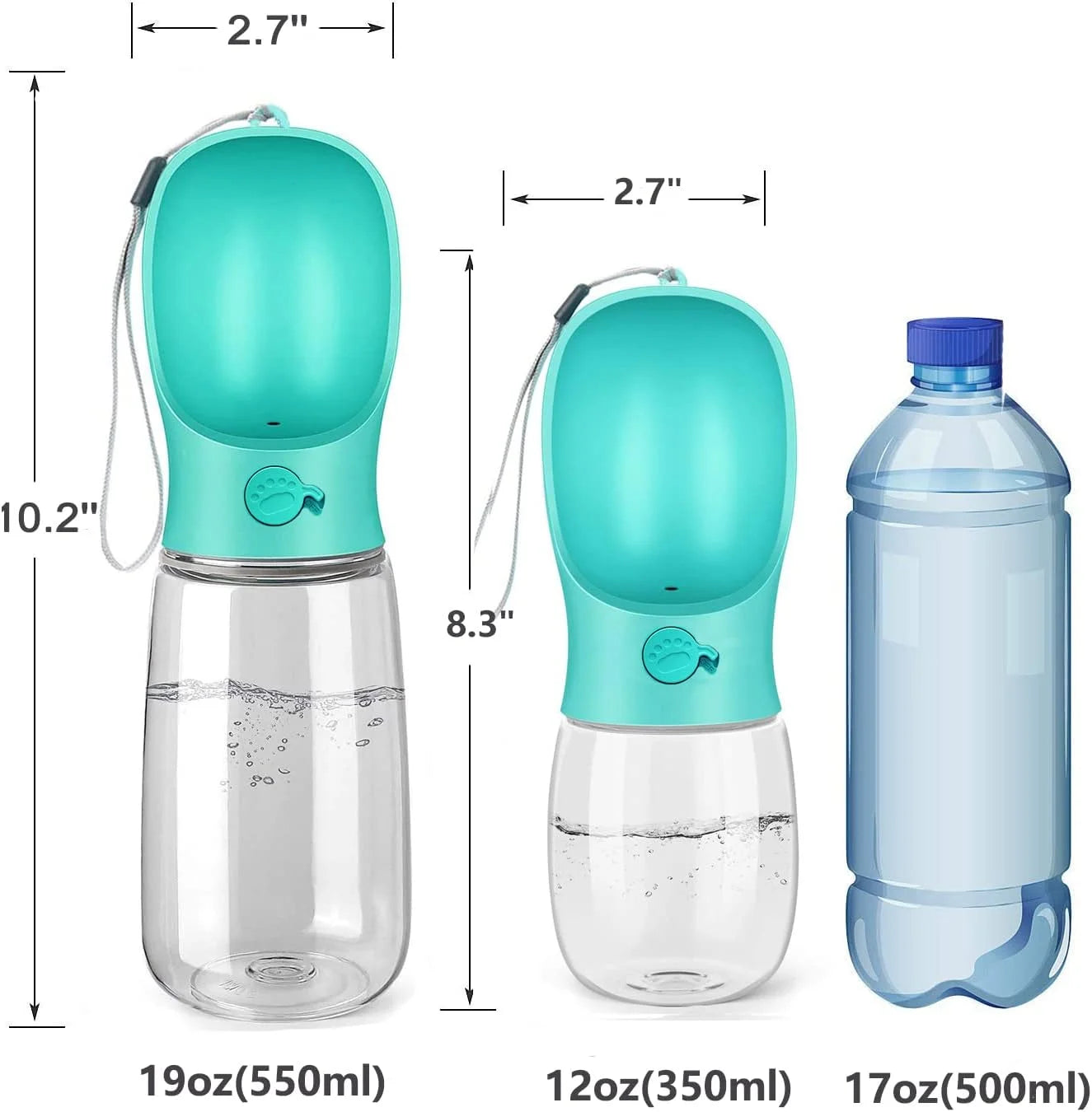 8.3 x 2.5-Inch Portable Dog Water Bottle, 12 oz Leak-Proof Water Dispenser with Feeder for Outdoor Activities, Food Grade Plastic - Blue