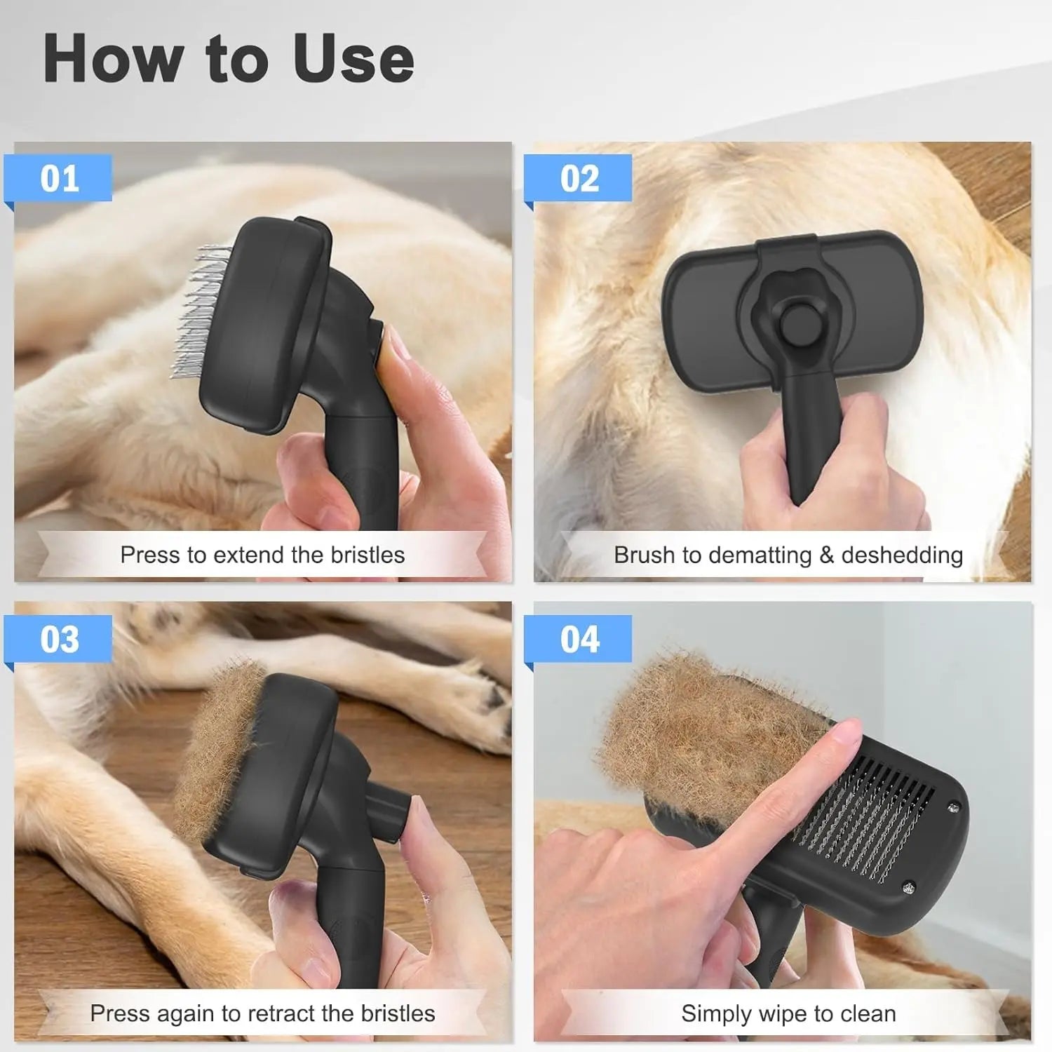 Self-Cleaning Shedding Brush - Gentle Grooming Tool for Dogs, Cats, and Puppies, Effective Deshedding and Hair Removal for All Coat Types, Black