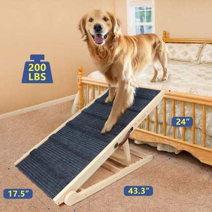 Ipetba Wooden Dog Ramps for Bed Non-Slip Adjustable Pet Ramp for Couch for Large Medium Small Doggie 45.2" Long 5 Levels H15.7 to 23.6" with 5 Paw Traction Mat Cat Ramps for Car Sofa (Up to 200 Lbs)