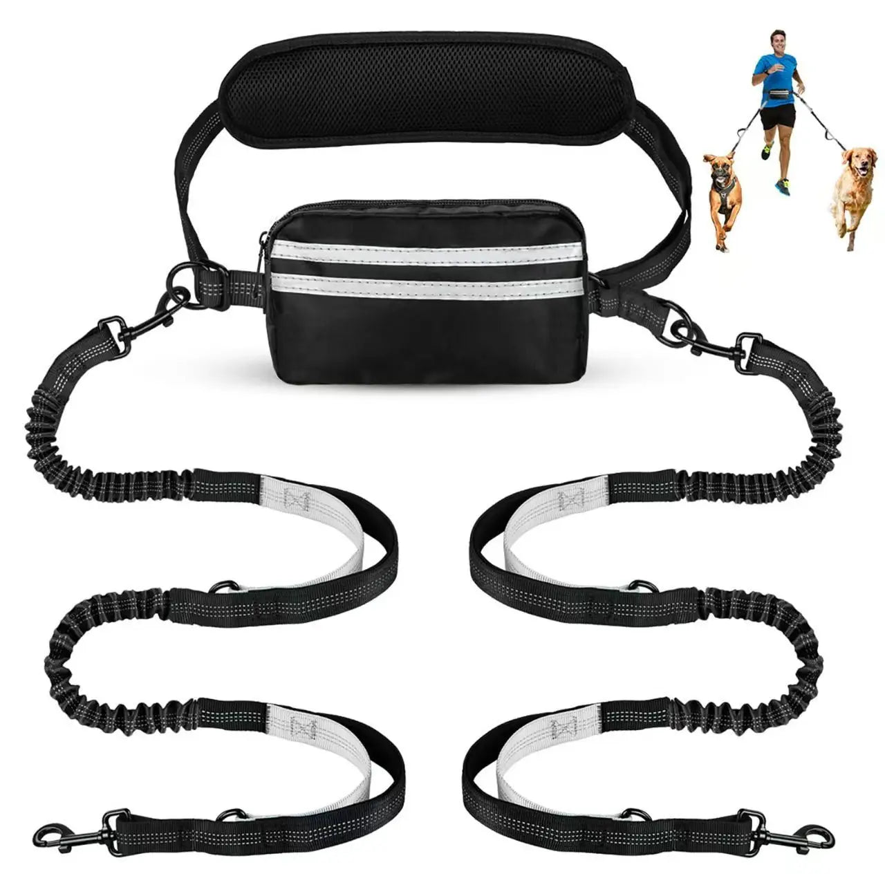 Professional Hands-Free Dog Leash with Pouch, Dual Leash for Two Dogs, Retractable Bungee Design with Dual Padded Handles, Ideal for Dog Walking and Running, Essential Dog Walking Accessories