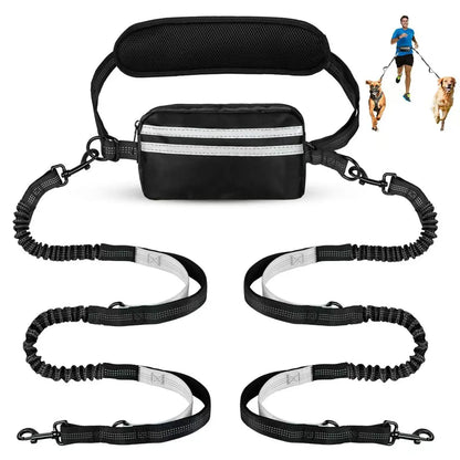 Professional Hands-Free Dog Leash with Pouch, Dual Leash for Two Dogs, Retractable Bungee Design with Dual Padded Handles, Ideal for Dog Walking and Running, Essential Dog Walking Accessories