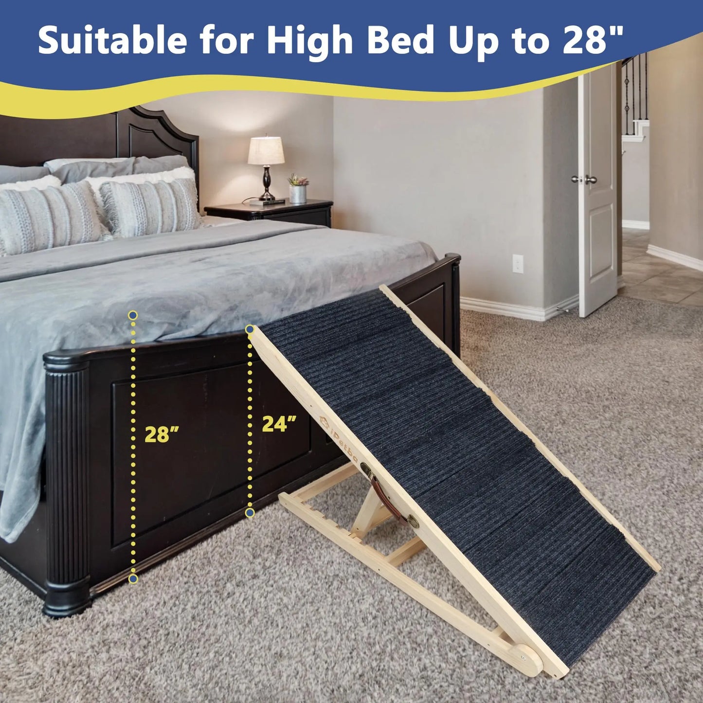 Ipetba Wooden Dog Ramps for Bed Non-Slip Adjustable Pet Ramp for Couch for Large Medium Small Doggie 45.2" Long 5 Levels H15.7 to 23.6" with 5 Paw Traction Mat Cat Ramps for Car Sofa (Up to 200 Lbs)