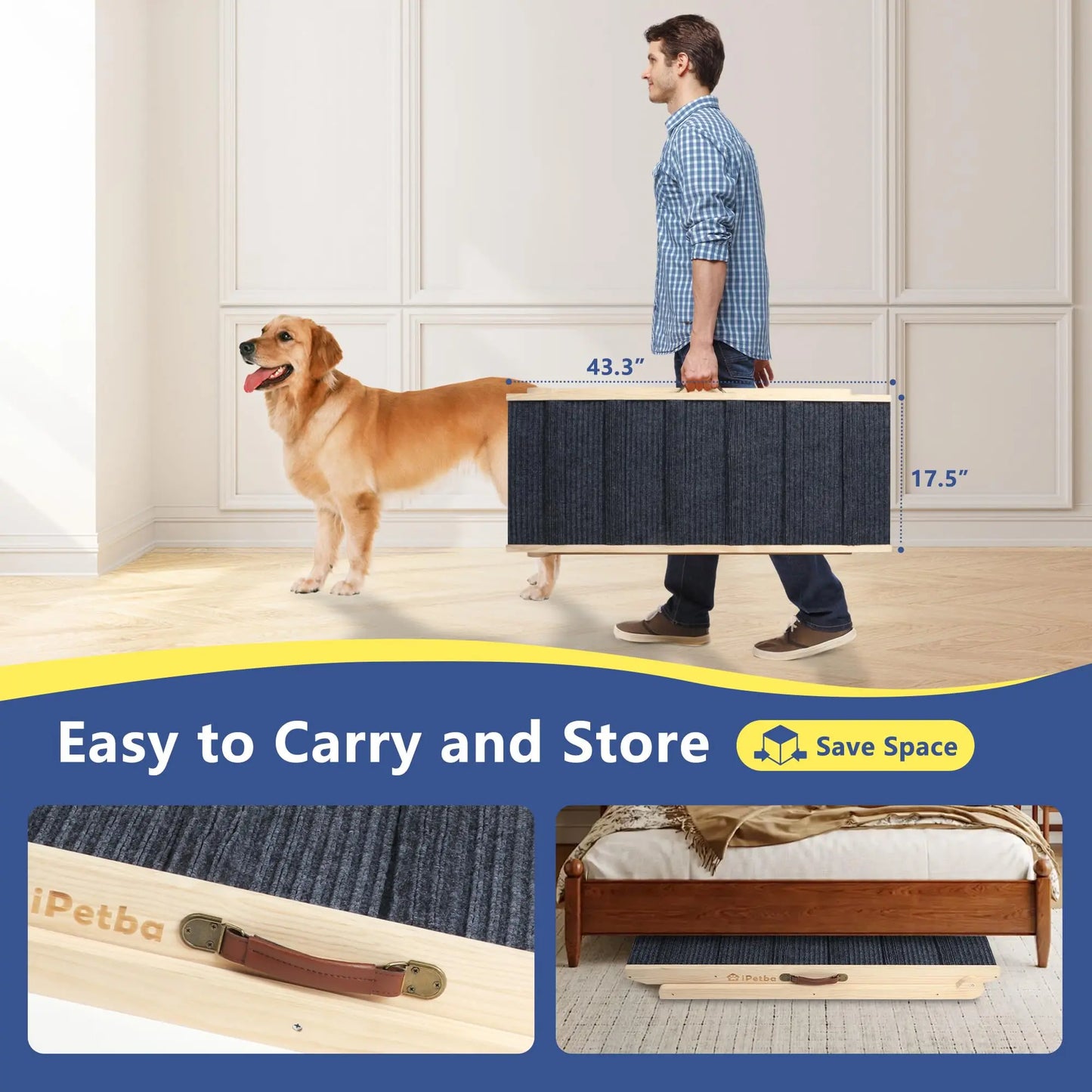 Ipetba Wooden Dog Ramps for Bed Non-Slip Adjustable Pet Ramp for Couch for Large Medium Small Doggie 45.2" Long 5 Levels H15.7 to 23.6" with 5 Paw Traction Mat Cat Ramps for Car Sofa (Up to 200 Lbs)