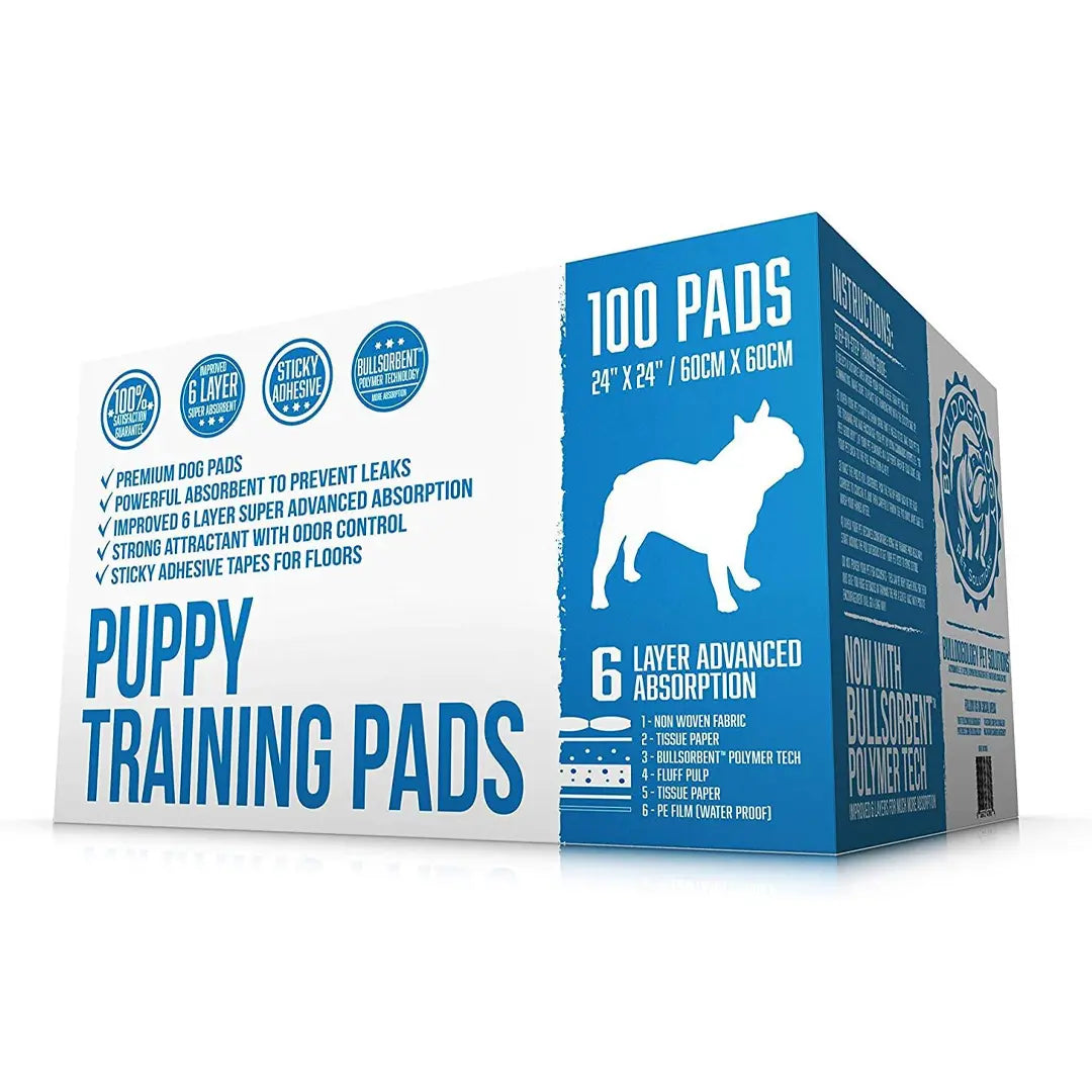 Bulldogology Premium Puppy Pee Pads with Adhesive Sticky Tape (24X24) Large Dog Training Wee Pads with 6 Layer Extra Quick Dry Bullsorbent Polymer Tech (100-Count, White)