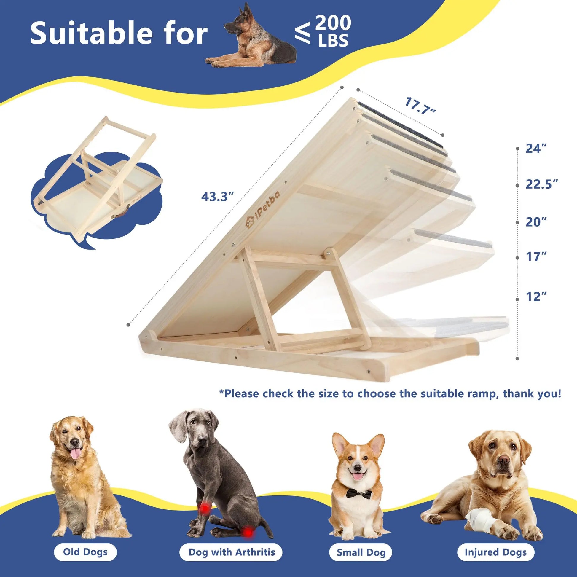 Ipetba Wooden Dog Ramps for Bed Non-Slip Adjustable Pet Ramp for Couch for Large Medium Small Doggie 45.2" Long 5 Levels H15.7 to 23.6" with 5 Paw Traction Mat Cat Ramps for Car Sofa (Up to 200 Lbs)