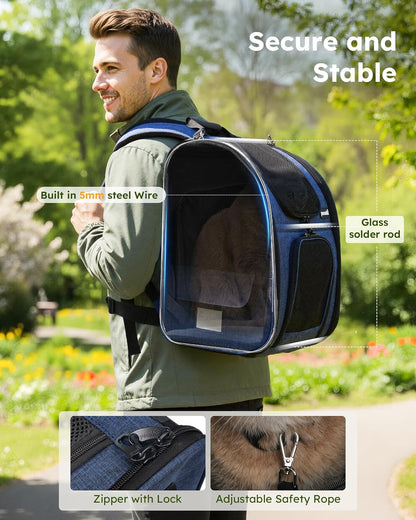 Cat Backpack Carrier Expandable, Pet Backpack for Cats & Small Dogs up to 11Lbs, with 4-Side Breathable Mesh, Multi-Entry & Lockable Zippers for Travel, Hiking, Camping - Hands Free, Blue