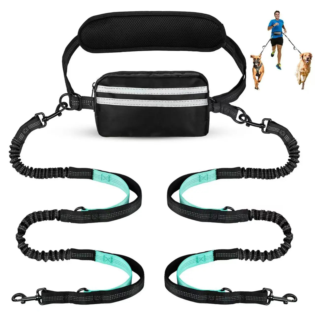 Professional Hands-Free Dog Leash with Pouch, Dual Leash for Two Dogs, Retractable Bungee Design with Dual Padded Handles, Ideal for Dog Walking and Running, Essential Dog Walking Accessories