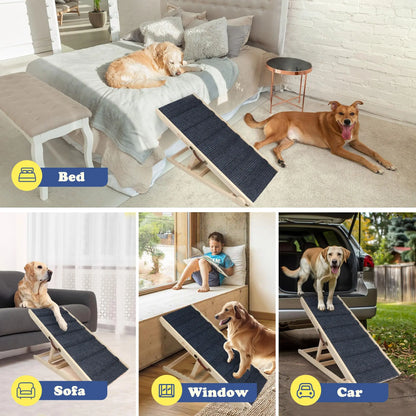 Ipetba Wooden Dog Ramps for Bed Non-Slip Adjustable Pet Ramp for Couch for Large Medium Small Doggie 45.2" Long 5 Levels H15.7 to 23.6" with 5 Paw Traction Mat Cat Ramps for Car Sofa (Up to 200 Lbs)